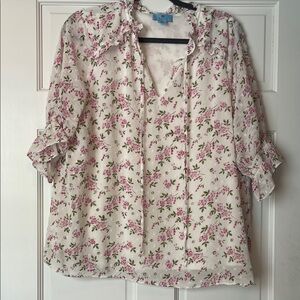 CeCe Tie Neck Dot Floral Blouse with Pink and White Accents